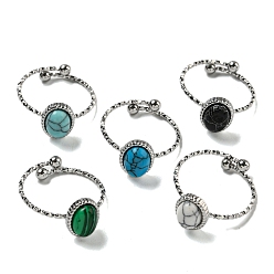 Нержавеющая Сталь Цвет Овальные 304 открытые манжеты из нержавеющей стали, кольца на палец из синтетического малахита и бирюзы для женщин и мужчин, цвет нержавеющей стали, размер США 7 1/4 (17.5 мм)