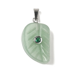 Зеленый Авантюрин Резные подвески из натурального зеленого авантюрина, подвески в виде листьев с 201 микрофиброй из нержавеющей стали и кубическими циркониями, цвет нержавеющей стали, 26x15x15.5 мм, отверстие : 5.3x3 мм