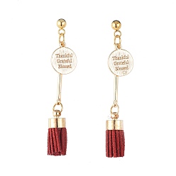 Dark Red Dangle Stud Earrings, with Suede Cord Tassel Pendants, 304 Stainless Steel Stud Earring Findings and Brass Findings, Dark Red, 52mm, Pin: 0.8mm
