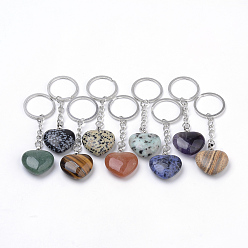 Mixed Stone Synthetic & Natural  Mixed Stone Keychain, with Iron Findings, Heart, Platinum, 86mm