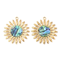 Настоящее золото 18K 304 подвески из натуральной ракушки пауа из нержавеющей стали, солнечные чары, ионное покрытие (ip), реальный 18 k позолоченный, 38.5x35x2 мм, отверстие : 2.5 мм