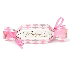 Pink Hexagonal Candy Shape Romantic Wedding Gift Box, with Ribbon, Rhombus & Word Pattern, Pink, Finished Product: 20x6x5.2cm
