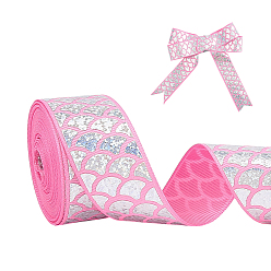 Hot Pink Polyester Laser Ribbon, Fish Scale Pattern, for Hair Accessories, Pet Leash, Hot Pink, 1 inch(26mm), about 5.00 Yards(4.57m)/Roll