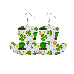 Зеленый лайм Серьги-подвески из искусственной кожи ко Дню Святого Патрика, платина, шляпа с узором, зеленый лайм, 60x50 мм