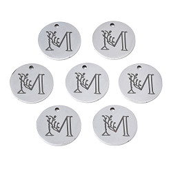 Letter M Anlaufgeschützt 304 Charms aus Edelstahl, Laserschnitt, gestalteter Buchstabe eingraviert, Flachrund, Edelstahl Farbe, letter.m, 14x1 mm, Bohrung: 1.2 mm