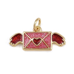 Индийский Красный Латунь эмаль подвески, прелести любовного письма, стойки покрытие, без кадмия и без свинца, долговечный, реальный 18 k позолоченный, Индийская красная, 9x20x2 мм, отверстие : 3.2 мм