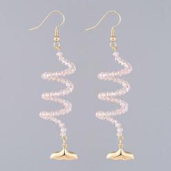 Pearl Pink Dangle Earrings, with Glass Beads, Golden Plated Brass Earring Hooks Findings & Fishtail  Shape Charms, Cardboard Boxes, Pearl Pink, 80mm, Pin: 0.7mm