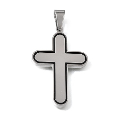 Stainless Steel Color 304 Stainless Steel Pendants, with Black Enamel, Cross Charms, Stainless Steel Color, 38x25x3mm, Hole: 8x5mm