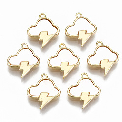 Real 18K Gold Plated Natural Freshwater Shell Charms, with Brass Findings, Cloud with Lightning Bolt, Nickel Free, Real 18K Gold Plated, 13.5x11x2mm, Hole: 1mm