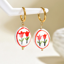 Orange Red Hand Painted 201 Stainless Steel Hoop Earrings, Handmade Procelain Oval with Flower Pattern Dangle Earrings for Women, Gloden, Orange Red, 48x17.7mm