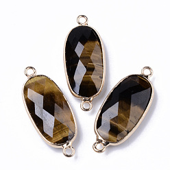 Tiger Eye Natural Tiger Eye Links Connectors, with Light Gold Plated Edge Brass Loops, Oval, Faceted, 27x11x5.5mm, Hole: 2mm