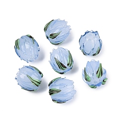 Cornflower Blue Handmade Lampwork Beads, Tulip with Leaf, Cornflower Blue, 13~15x12~14x12~14mm, Hole: 1~1.6mm
