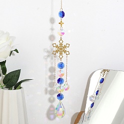 Снежинка Подвесной ловец солнца, подвесные украшения из железа и граненого стекла, с целью перехода в кольце, капля и восьмиугольник, снежинка шаблон, 310x2.3 мм, отверстие : 10 мм, Кулон : 220x34.5x11 мм