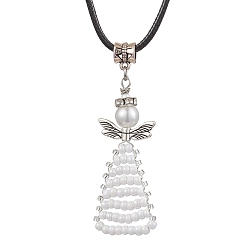 Белый Бисер ткацкий станок ангел кулон ожерелья, черные ожерелья из искусственной кожи, белые, 17.44 дюйм (44.3 см), Кулон : 63x20x8 мм