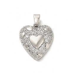 Платина Покрытие стойки латунь микропаве прозрачные подвески из кубического циркония, без кадмия и без свинца, долговечный, сердце, платина, 20x18x5.5 мм, отверстие : 5x3 мм