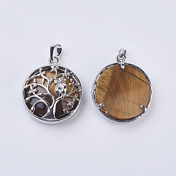 Tiger Eye Natural Tiger Eye Pendants, with Brass Findings, Flat Round with Tree of Life, Platinum, 31~32x27x8~9mm, Hole: 5x7mm