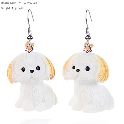 White Iron & Resin Dangle Earrings for Women, Dog, White, 29x23mm