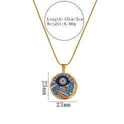 Flat Round Printed 304 Stainless Steel Blue Evil Eye Pendant Necklaces, Golden, Flat Round, 17.72 inch(45cm), pendant: 25x23mm