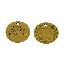Античное Золото Тибетский стиль сплава плоские круглые резные слово никогда не сдаваться подвески, кулоны с вдохновляющими сообщениями, без свинца и без кадмия, античное золото , 20x2.5 мм, отверстие : 2 мм, Около 360 шт / 1000 г