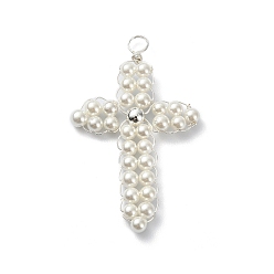 Платина Круглые жемчужные бусины в виде ракушек, подвески, обернутые медной проволокой, крест прелести, с круглыми латунными бусинами, без никеля , долговечный, платина, 40x24x3~4 мм, отверстие : 3.5 мм