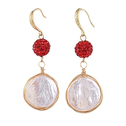 Light Siam Natural Baroque Pearl Keshi Pearl Dangle Earrings, with Polymer Clay Rhinestone Beads, Copper Wire, Real 18K Gold Plated Brass Earring Hooks and Cardboard Packing Box, Light Siam, 53~56mm, Pin: 0.8mm