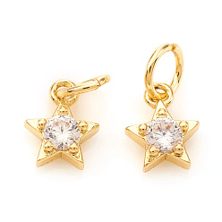 Real 18K Gold Plated Brass Micro Pave Cubic Zirconia Charms, with Jump Rings, Star, Clear, Real 18K Gold Plated, 6.5x5x2mm, Jump Ring: 4x0.6mm, Hole: 2.5mm