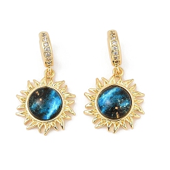 Темно-Голубой Латунные микропаве прозрачные подвески с фианитом, солнце, cmолой, стойки покрытие, долговечный, без свинца и без кадмия, реальный 18 k позолоченный, глубокое синее небо, 25.5 мм, отверстие : 4.5 мм