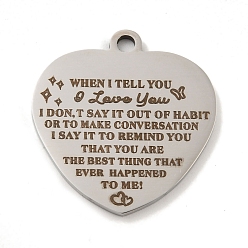 Нержавеющая Сталь Цвет Не тускнеющие подвески ко дню святого валентина 201 из нержавеющей стали, обереги с любовным посланием, сердце со словами-подвесками, цвет нержавеющей стали, 30.5x29x2 мм, отверстие : 3 мм