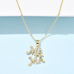 Настоящее золото 18K День матери латунные микропаве прозрачные кубические цирконии подвески ожерелья для женщин, слово ма ма, реальный 18 k позолоченный, 16.85 дюйм (42.8 см)