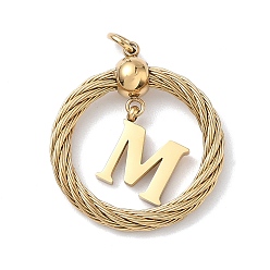 Letter M 304 подвески из нержавеющей стали, скрученный плоский круглый с буквой, ионное покрытие (ip), реальный 18 k позолоченный, с соединительными кольцами и 201 бусинами из нержавеющей стали, Буква М, 27x23.5~24x6 мм, отверстие : 3 мм