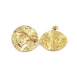Plaqué 18K Or Véritable Martelé 304 boucle d'oreille clous en acier inoxydable, plat rond, réel 18 k plaqué or, 28.5mm