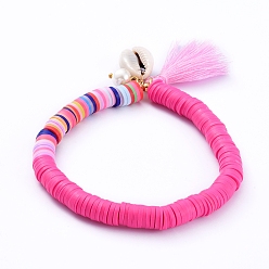 Темно-Розовый Растянуть шарм браслеты, с бисером из полимерной глины хэйси, хлопковые нитки, карие бусины, стеклянные жемчужные и латунные бусы, темно-розовыми, 2-1/4 дюйм (5.8 см)