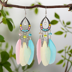 Разноцветный Серьги-капли из сплава со стразами, с пером, античное серебро, красочный, 23x11 мм