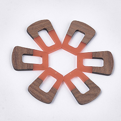Coral Resin & Walnut Wood Pendants, Trapezoid, Coral, 37~37.5x27~27.5x3~3.5mm, Hole: 2mm