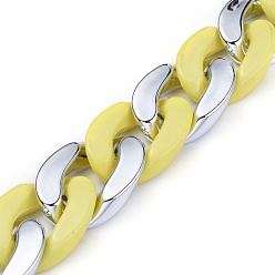 Yellow Handmade Curb Chains, Cuban Link Chains, with Opaque Spray Painted Acrylic Linking Rings and CCB Plastic Linking Rings, for Jewelry Making, Yellow, Link: 30x21x6mm, 30x20x6mm, 39.37 inch(1m)/strand