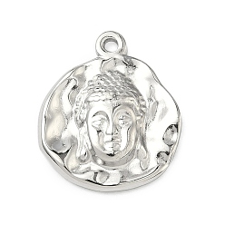 Нержавеющая Сталь Цвет Кованые 304 подвески из нержавеющей стали, Плоская круглая подвеска в виде головы Будды., цвет нержавеющей стали, 21.5x18x3.5 мм, отверстие : 1.6 мм