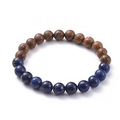 Lapis Lazuli Stretch Bracelets, with Natural Lapis Lazuli(Dyed) Beads and Wood Beads, Round, 2-1/4 inch(5.7cm)