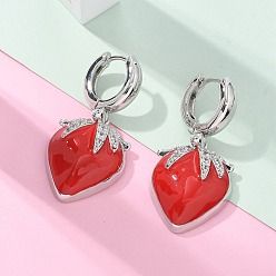 Платина Латунные микро проложить серьги обруча кубического циркония, с эмалью, без свинца и без кадмия, долговечный, стойки покрытие, клубника, платина, 38x19 мм