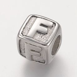 Letter F Устойчивые к потускнению 304 европейские бусины из нержавеющей стали, горизонтальное отверстие, бусины с большим отверстием, куб с letter.f, 8x8x8 мм, отверстие : 4 мм