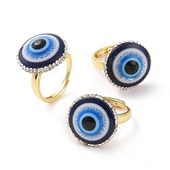 Blue Adjustable Lampwork Evil Eye Ring with Rhinestone, Golden Brass Lucky Jewelry for Women, Blue, Inner Diameter: 18~22.5mm