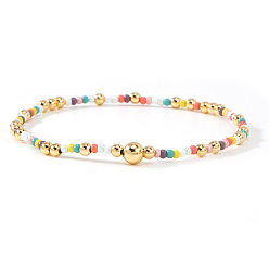 Золотой Браслеты из латуни и стеклянных бусин, эластичные, Украшения на запястье для женщин, которые можно носить в несколько рядов., круглые, золотые, 6.89 дюйм (17.5 см)