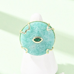 Amazonite Natural Amazonite Cuff Rings, Round, Brass Micro Pave Cubic Zirconia Cuff Open Rings, Faceted, Golden, US Size 8 1/2(18.5mm)