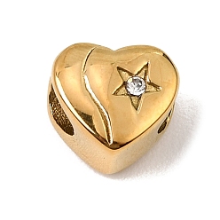 Real 18K Gold Plated 304 Stainless Steel with Crystal Rhinestone European Beads, Large Hole Beads, Heart with Star, Real 18K Gold Plated, 10x11x8.5mm, Hole: 5mm