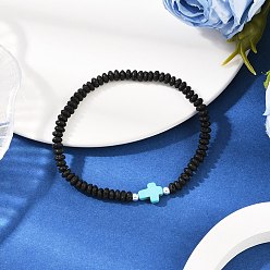 Смешанные камни Браслеты-цепочки из натуральной лавы и синтетической бирюзы с крестообразными бусинами для женщин, темные бирюзовый, внутренний диаметр: 2-3/8 дюйм (5.9 см)