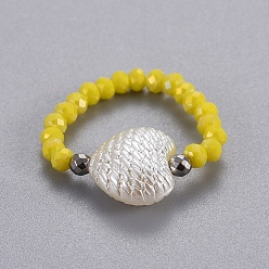 Yellow (Jewelry Parties Factory Sale)Electroplate Glass Stretch Rings, with Synthetic Hematite and Opaque ABS Plastic Imitation Pearl, Heart, Yellow, Size 8, 18mm