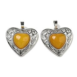 Topaz Jade Natural Topaz Jade Peach Love Heart Pendants, Rack Plating Brass Hollow Heart Charms, Cadmium Free & Lead Free, 29.5x30.5x7.5mm, Hole: 7.5x5mm