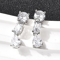 Платина Серьги-гвоздики в форме капли с микропаве из прозрачных кубических цирконий из латуни, стойки покрытие, долговечный, без кадмия и без свинца, платина, 20.5x6 мм