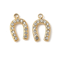 Настоящее золото 18K 304 Подвески из нержавеющей стали со стразами, ионное покрытие (IP), подкова, реальный 18 k позолоченный, 10x6.5x2 мм, отверстие : 1 мм