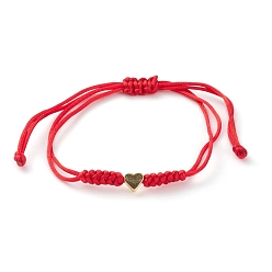 Red Unisex Adjustable Nylon Thread Braided Bead Bracelets, Red String Bracelets, with Golden Plated Brass Heart Beads, Red, Inner Diameter: 5/8~3-1/2 inch(1.5~9cm)