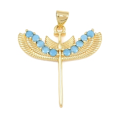 Chapado en Oro Real 18K Colgantes de circonita cúbica azul cielo con micro pavé de latón, encantos del ala, real 18 k chapado en oro, 27.5x27x3 mm, agujero: 4x3 mm